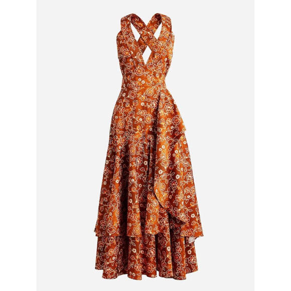 J. Crew Collection Cross Back Ruffle Hem Midi Dress Pecan Vintage Vines 10 NWT! - Picture 2 of 16
